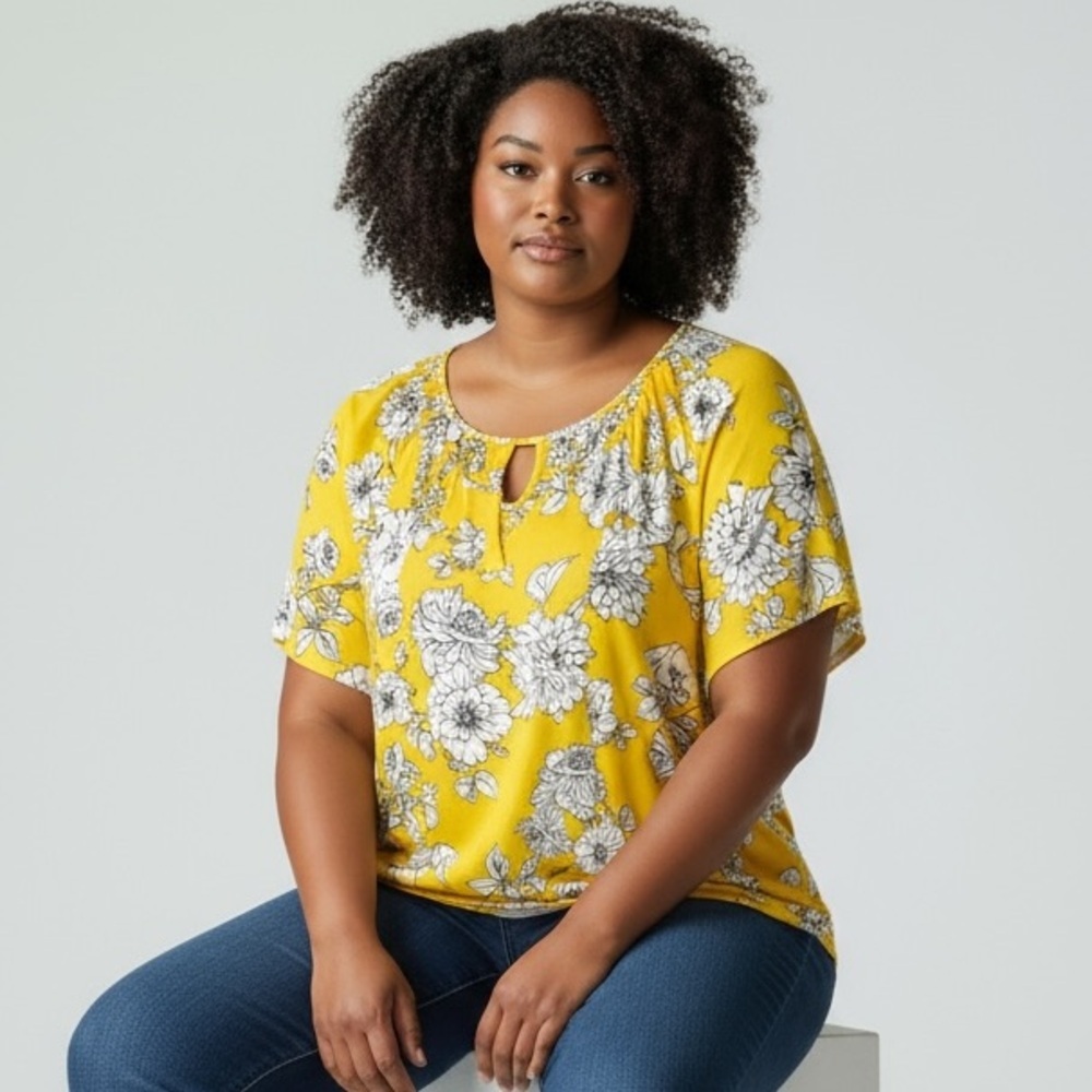 SAMI & JO - SIZE 3X - BRIGHT YELLOW FLORAL BLOUSE TOP - BOHO & FLOWY - B19‎